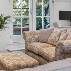 Stunning cream & grey 2 seater sofa with foot stool (bench)