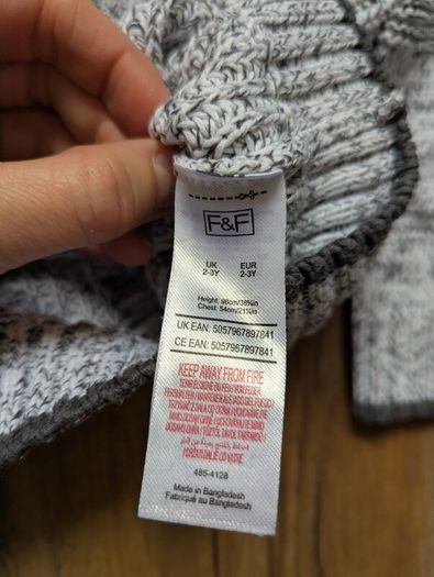 F&F Boys Cable Knit Jumper Size 2-3 yrs