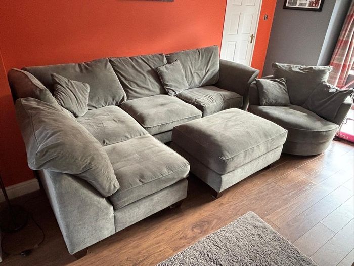 L shaped sofa + large swivel chair + foot stool