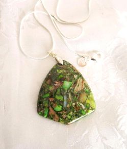 Gemstone Green Faux Agate Pendant with silver plated necklace