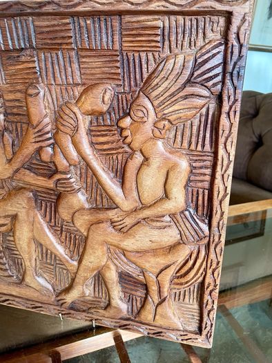 Vintage Hand Carved Deep Relief Large Wooden Wall Art Panel Tribal Village Scene Story Board