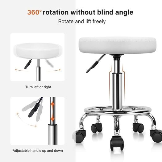 PU Leather Round Rolling Stool with Foot Rest Swivel Height Adjustment Spa Drafting Salon Tattoo Work Office Massage Stools Task Chair Small