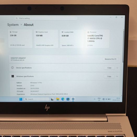 HP EliteBook 840 G6 | Intel i7 8th Gen | 8GB RAM | 256GB SSD | Windows 11 Pro