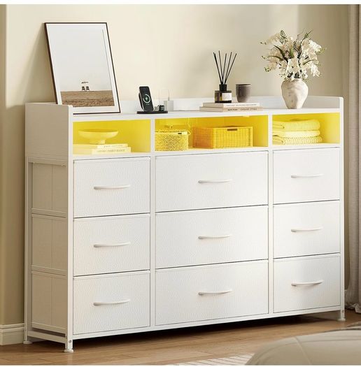 Chest of Drawers for Bedroom with LED and Charging Station, White