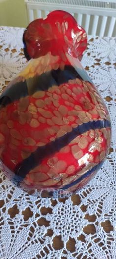 Large Murano Style Vase, Hand Blown Studio Art Glass, Iridescent Red & Gold & dark blue