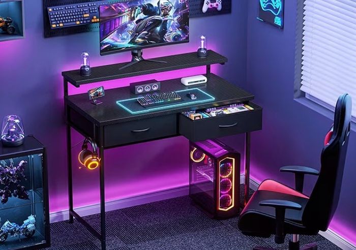 Gaming Desk with Adjustable Monitor Stand, Computer Office Desk with 2 Storage Drawers, Gaming Table with Headphone Hook, Carbon Fibre Surface, for Gamers, Workers and Students, Black, 80cm