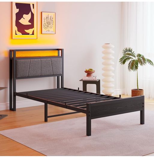 3ft Single Bed Frame with Storage Headboard,LED Lights,Metal Upholstered Platform Bed Frame with Charging