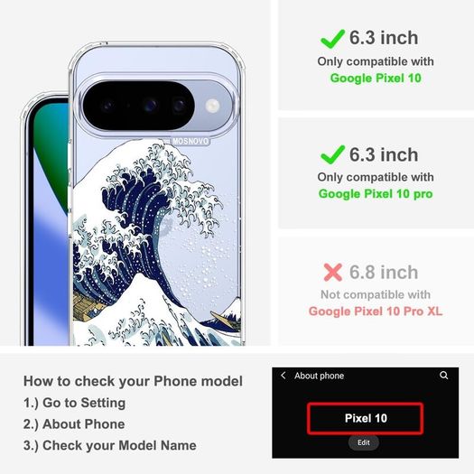 Pixel 10 Case/Pixel 10 Pro Case, Shockproof Military-Grade Protection 6.6ft Drop Tested, Clear Phone Case for Pixel 10/10 Pro, Great Wave Design