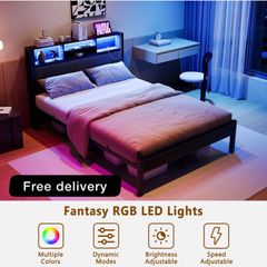 Double Bed Frame with Charging Station and LED Lights