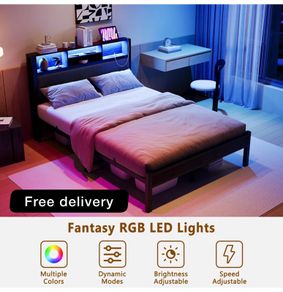 Double Bed Frame with Charging Station and LED Lights