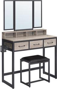 Dressing table, dressing table with 3-part folding mirror, hairdryer holder, cosmetic table with upholstered stool, 3 drawers, industrial design, greige black