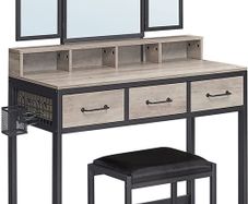 Dressing table, dressing table with 3-part folding mirror, hairdryer holder, cosmetic table with upholstered stool, 3 drawers, industrial design, greige black