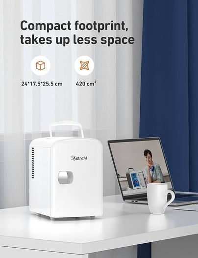 NEW SALE | Mini Fridge 4 Litre, 6 Can Portable AC+DC Power Cooler & Warmer, for Bedrooms, Cars, Offices; Skincare, Makeup, Cosmetics, Food
