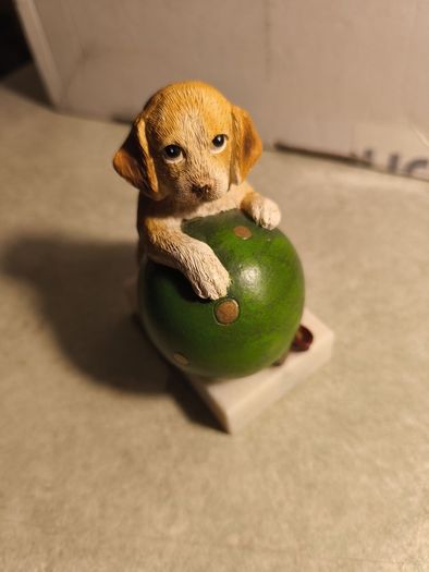 Vintage  Puppy Figurine Holding a ball on marble plinth