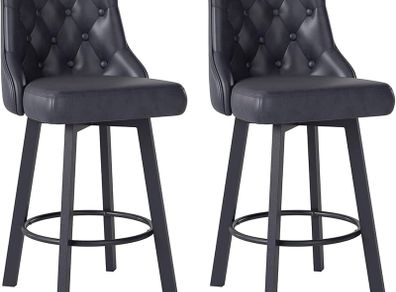 Bar Stools Set of 2, Waterproof PU Leather Bar Stool, 360 Rotating Breakfast Bar Stools with Footrest, Seat Height 66.5 cm, Load Capacity 150 kg, Black