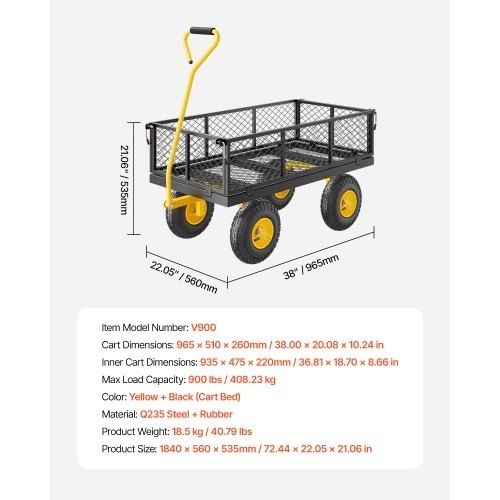 900 Lbs Heavy Duty Steel Garden Cart, Garden Wagon Cart on Wheels, Outdoor Metal Yard Utility Wagon Carts with 10" Tires and Mesh Removable Sides(Convert to Flatbed) and 180 Rotating Handle