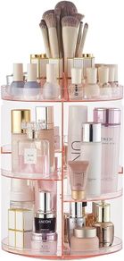 Pink Rotating Makeup Organiser Crystal 360 Rotation Cosmetic Storage Holder Makeup Turntable Spin Display Stand Bathroom Bedroom Vanity Dressing Table Gift Girl Lady Women