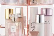 Pink Rotating Makeup Organiser Crystal 360 Rotation Cosmetic Storage Holder Makeup Turntable Spin Display Stand Bathroom Bedroom Vanity Dressing Table Gift Girl Lady Women