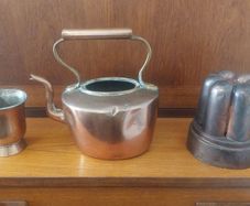 Collection of Three Antique Copper Display Items, A Blancmange Mould, a Half Pint Measure and a Small Kettle with no Lid
