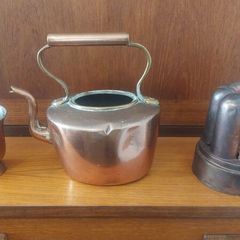 Collection of Three Antique Copper Display Items, A Blancmange Mould, a Half Pint Measure and a Small Kettle with no Lid