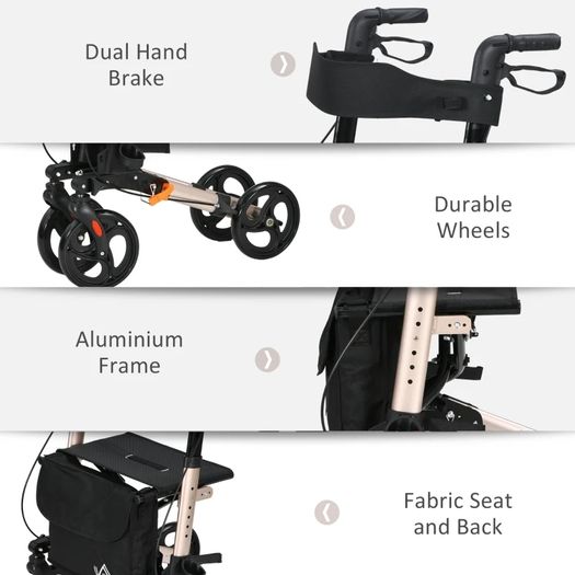 Wheel Rollator with Seat and Back, Folding Mobility Walker with Carry Bag, Adjustable Height, Dual Brakes, Cane Holder, Lightweight Aluminium Walking Frame for Seniors and Disabled, Gold Tone