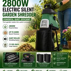 Electric Silent Garden Shredder 2800W with 2 x 60L Collection Bags