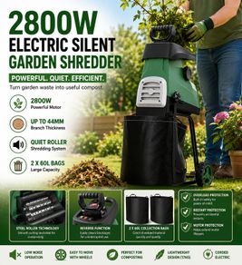 Electric Silent Garden Shredder 2800W with 2 x 60L Collection Bags
