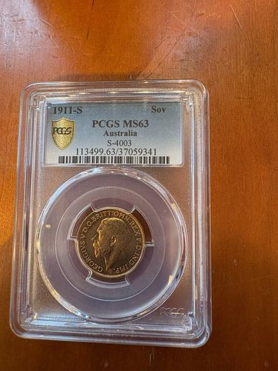 1911-S Australia George V gold sovereign coin graded MS63 by PCGS