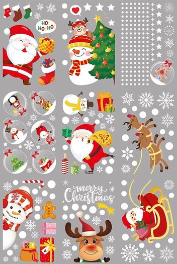 Christmas Window Stickers Reusable 275 Pcs Double Sided Window Cling 9 Sheets Santa Claus Balloon Snowman Reindeer Snowflake for Christmas Decorations (FREE POSTAGE)