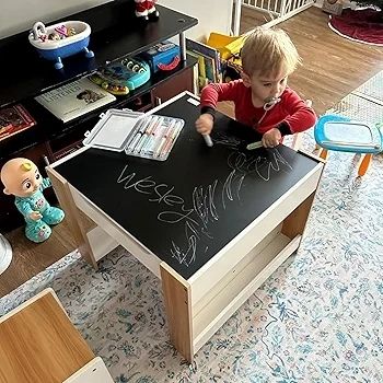 Kids Table and Chair Set, 4 in 1 Toddler Desk with Storage Drawer, Wooden Activity Table for 2 in 1 Detachable Tabletop,Bookshelf, Suitable for Classroom, Home, Nursery, Playroom
