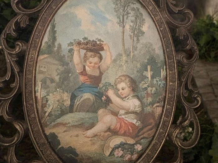 Vintage Italian Silk Prints in Ornate Baroque Frames - Pair