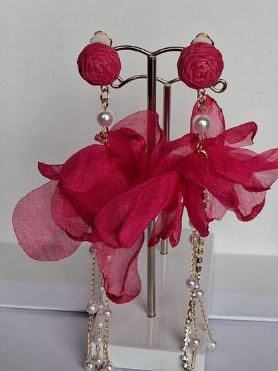 Fuchsia Pink Clip On Tassel Chain Crystal & Pearl Earrings