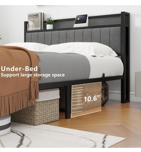 King Size Bed Frame with Storage and Headboard Shelf, Upholstered Bed