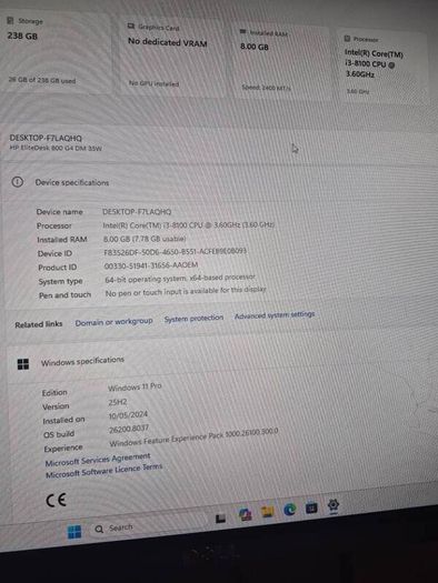 HP Elitedesk 800 G4 Tiny, i3 8th gen, 8gb, 256 ssd, windows 11