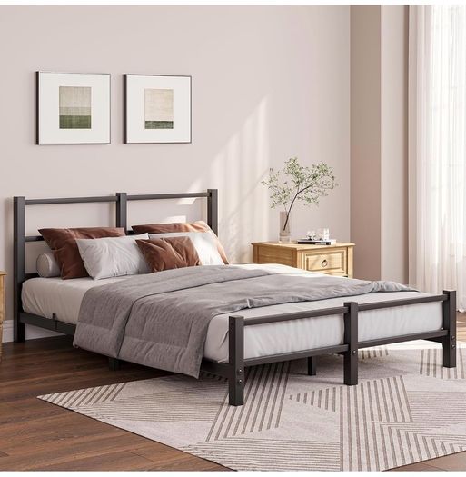 16cm Low Profile Double Bed Frame with Headboard, 4ft6 Metal Sturdy Steel Slat Support, Noise-Free 135x190cm Platform Mattress Base, No Box Spring Needed, Black
