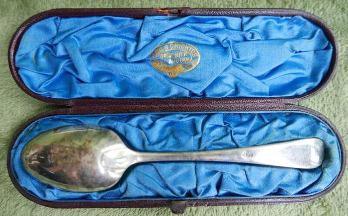 Antique Sterling Silver Christening Spoon by James Crichton & Sons of Glasgow, presented in its Original Velvet-lined Box. with original handwritten note from Glasgow dated October 4, 1886.