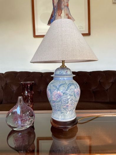 Pretty Oriental Pastel Floral Ginger Jar Lamp Base with Wooden Plinth Base