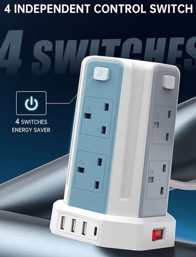 Extension Tower 8 AC Outlets 4 USB Ports, Surge Protection Extension Lead with 4 Independent Switch, 17W USB C Ports Extension Cable 3M for Office, Home, Kitchen