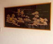 Teak Framed Asian Mid Century Art L94 x H43cm