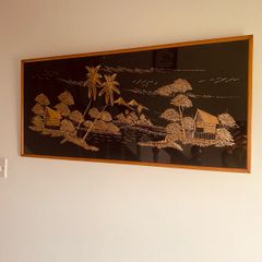 Teak Framed Asian Mid Century Art L94 x H43cm