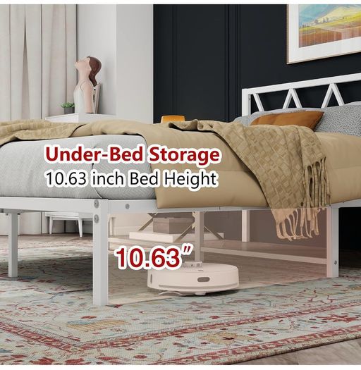 King Size Bed Frame with Headboard, Heavy Duty Metal Under Bed Storage, No Box Spring Needed, Easy Assembly, White
