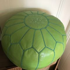 Premium Moroccan Leather Pouf Natural Lime Green 55x32cm