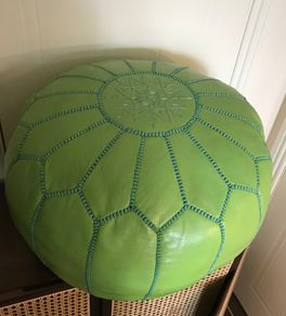 Premium Moroccan Leather Pouf Natural Lime Green 55x32cm