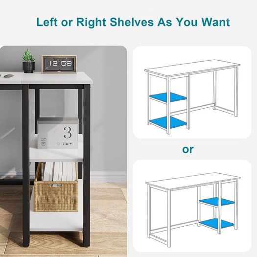Computer Desk with 2-Tier Shelves 100cm Small Home Office Large Storage Space Sturdy Modern Gaming for Bedroom Study Writing Laptop Table White