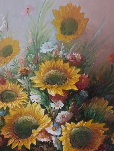 Vintage Oil Painting Of Sunflowers In A Vase
