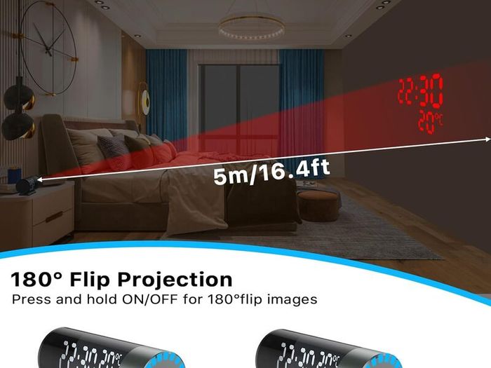 Digital Projection Alarm Clock with 180 Rotatable Projector, Dual Alarm, 12/24H, Snooze, 4-Level Dimmer for Bedrooms