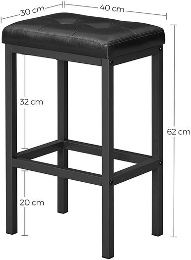 Set of 2 Bar Stools 40 x 30 x 62 cm Backless PU Cover Easy Assembly Industrial Design Dining Kitchen Bar Stool Black Seat and Black Frame