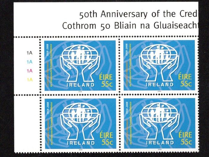 2008 Ireland 50th Anniversary of the Credit Union Movement in Ireland Commemorative Stamp Plate Block 1A1A1A1A Mint Never Hinged (MNH)