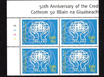 2008 Ireland 50th Anniversary of the Credit Union Movement in Ireland Commemorative Stamp Plate Block 1A1A1A1A Mint Never Hinged (MNH)