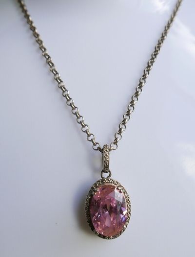 Vintage Sterling Silver 925 PINK OVAL CRYSTAL PENDANT NECKLACE Pea Chain traditional necklace length 20" - 14,8g